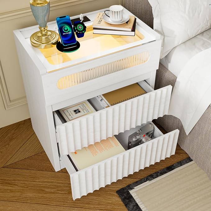 NightStand Set of 2 with Charging Station,with LED Lights and Tempered Glass Panel,Modern Bedside Tablewith 2 Fluted Drawers and One Glass Drawer,Hidden Handles End Table,Bedroom of Nightstand(White) - Image 6