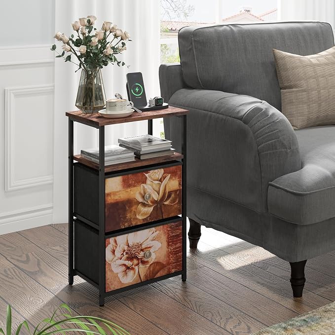 Nightstand with Charging Station, Led Bedside Tables with USB Ports & Outlets, End Table with 2 Fabric Drawers and Open Shelf, Side Table with Black Steel Frame for Bedroom, Rustic Style - Image 2