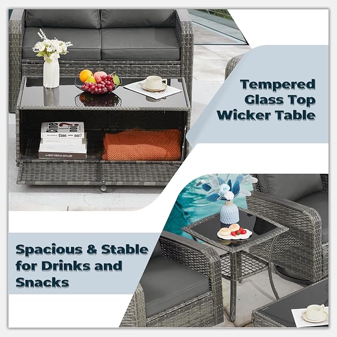 5 Pieces Outdoor Furniture Set with Swivel Chairs, Wicker Patio Furniture Sets for Porch Deck Bistro Lawn Garden Backyard Poolside-Grey