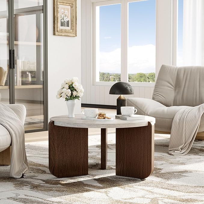 COSIEST 31.5" Round Coffee Table, Faux Marble Tabletop with Walnut Wood Grain Legs, Modern Minimalist Center Table for Living Room, Waterproof & Easy Assembly, Off-White