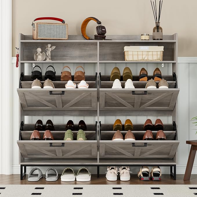 BORNOON Shoe Cabinet with 4 Flip Drawers Narrow Shoe Storage Cabinet Organizer Wooden Freestanding Shoe Rack Hidden Slim Shoes Storage Cabinet for Entryway, Hallway, Living Room, Bedroom - Image 7
