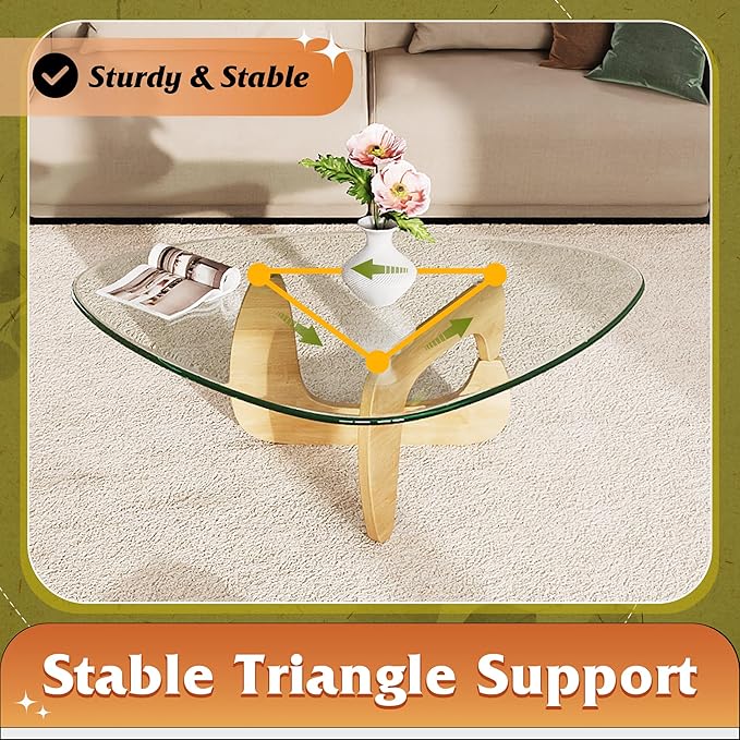 WLIVE Coffee Table, Small Glass Coffee Table with Solid Wood Legs, 36" Mid Century Triangle Living Room Tables, Modern Center Table for Living Room, Reception, Office, Natural