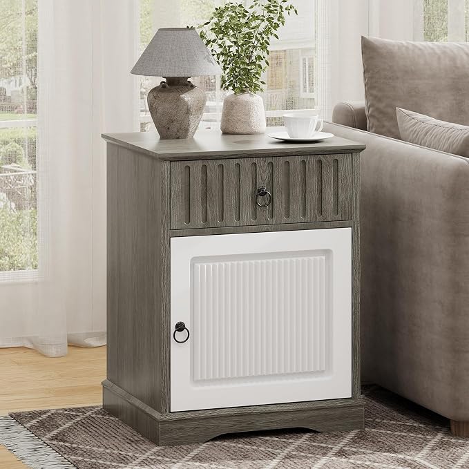 4ever2buy 18" Nightstand Set of 2 with Drawer, Farmhouse Grey Night Stand Set of 2, Wooden Bedside Table End Table for Bedroom, White and Grey - Image 6