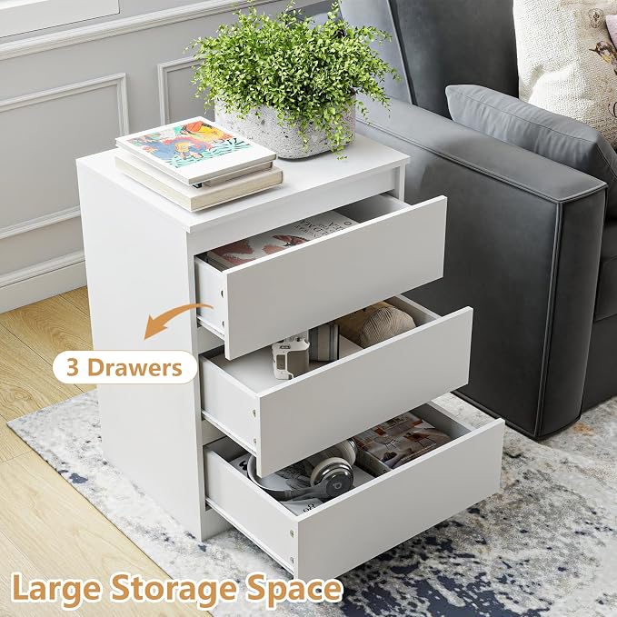 White Nightstand with 3 Drawers,Modern Tall Bedside Table with Storage for Bedroom,End Side Table with No-Handle Design for Living Room - Image 5