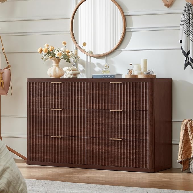 LEYAOYAO Fluted 6 Drawers Dresser for Bedroom, 48" Wide Modern Chest of Drawers with Metal Handle, Walnut Curved Profile Farmhouse Closet Organizer Wood Dressers TV Stand for Living Room, Hallway - Image 6
