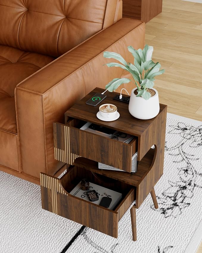 JOONEE Nightstand with Charging Station and LED Lights,Modern Bedside Table with 2 Storage Drawer,Night Stand with Solid Wood Legs,White (Walnut Brown) - Image 6