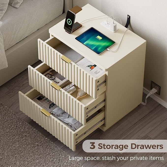 Nightstands Set of 2, Nightstand with Charging Station & 3 Drawers Storage Bedside Table Large Fluted Bed Side End Table, Modern Nightstand for Bedroom Living Room (Beige) - Image 6
