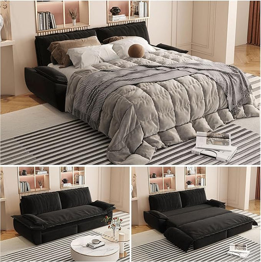 73.2" Queen Size Pull Out Sofa Bed, 3-in-1 Convertible Sleeper, Velvet Loveseat for Living Room, Apartment, Bedroom Small Spaces, Black (Mattress & Bedding Not Included)