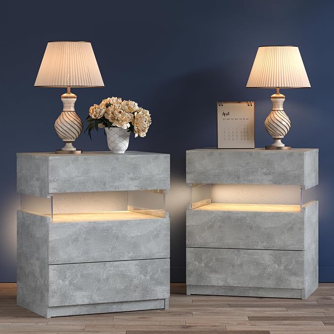 Bingoday LED Nightstands Set of 2 LED Bedside Tables with 3 Drawers Modern Night Stand with Acrylic Board Night Stand Set 2 for Bedroom by Bingoday