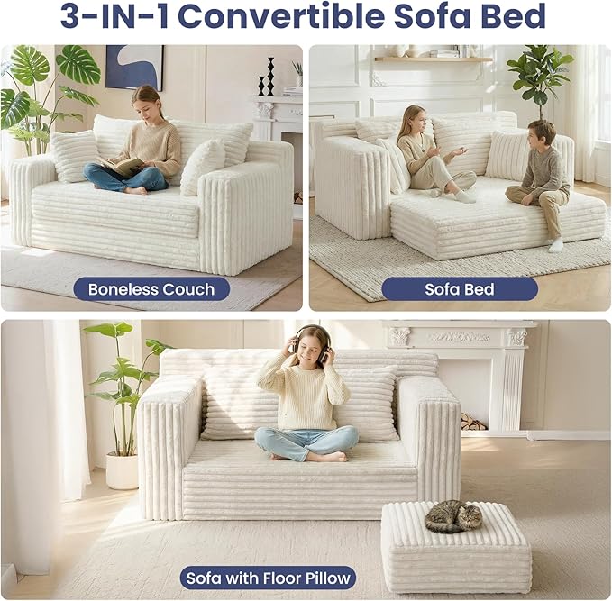 3-in-1 Convertible Sofa Bed: Boneless Loveseat Sleeper & Folding Couch Bed with 4 Pillows & Detachable Cushion,Furry Futon Couch for Bedroom,Apartment,Office and Living Room, No Assembly,Beige
