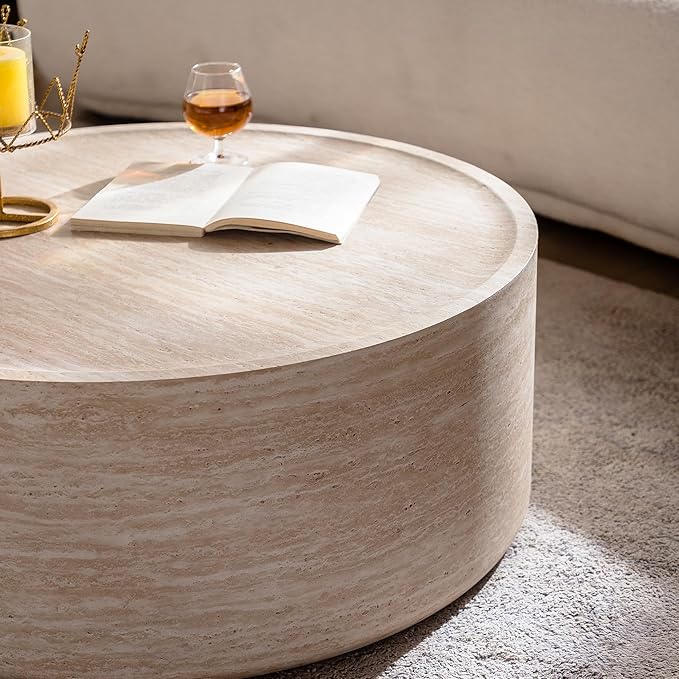 Round Coffee Table in Faux Marble, 31.5" W × 12" H Stone Coffee Tables for Living Room, Modern Drum Center MDF Vintage Design Low, Office, Apartment No Assembly Required Beige Mars