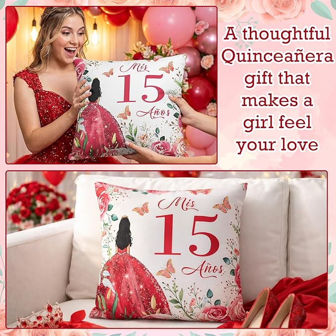Kathfly Cojines para 15 Años De Quinceañera Decoration 16 x 16 Inche Red Quinceañera Pillow Gifts Mis Xv Años Throw Pillow Sweet for Daughter Sister Friend 15th Birthday Gifts