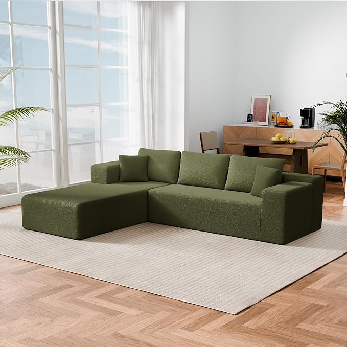 Cloud Sectional Couch, 105" Modular Sectional Sofa with Right Chaise Lounge, Modern Modular L-Shape Sofa with Pillows & Deep Seat, Wool Fabric Boneless Couches for Living Room Bedroom, Green