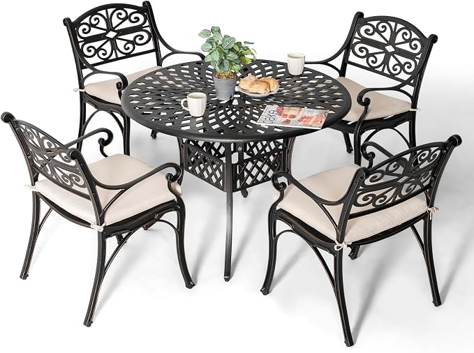 NUU GARDEN 5 Piece Cast Aluminum Outdoor Patio Dining Set, Round Patio Dining Table with 2.24" Umbrella Hole and 4 Patio Dining Chairs with Cushions for Garden, Balcony, Bronze and Beige by NUUGARDENCORPORATION