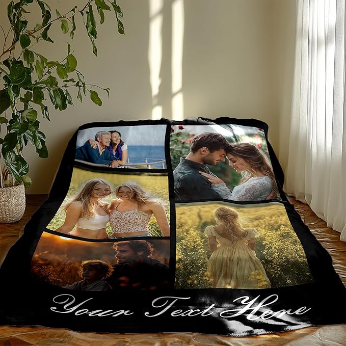 Custom Blanket with Pictures Text, Personalized Photo Blanket for Christmas Birthday, Customized Gifts for Mom Dad Kids Husband Wife Boyfriend Girlfriend Couple Friend Family