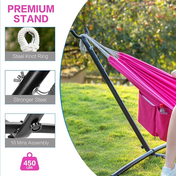 PNAEUT Double Hammocks with Stand for Outside, Portable Space Saving Heavy-Duty Steel Stand for Indoor Outdoor Patio with Carrying Bag, 450 lbs Capacity (Rose Pink) - Image 7