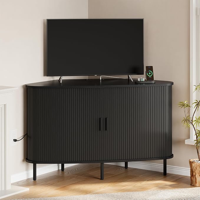 ONBRILL 47" Corner TV Stand, Fluted TV Cabinet with Sliding Doors Fits up to 55 Inch TVs, Modern Corner Entertainment Center with Power Outlet, Wood Media Console Table with Storage, Black - Image 3