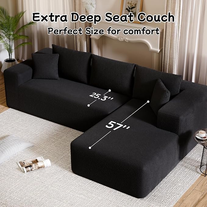 104” Sectional Cloud Couch, L-Shape Compressed Sofa with Left Chaise Lounge, Modern Modular Cloud Couches with 2 Pillows & Deep Seat, Rain Drop Velvet Floor Sofa for Living Room, Black