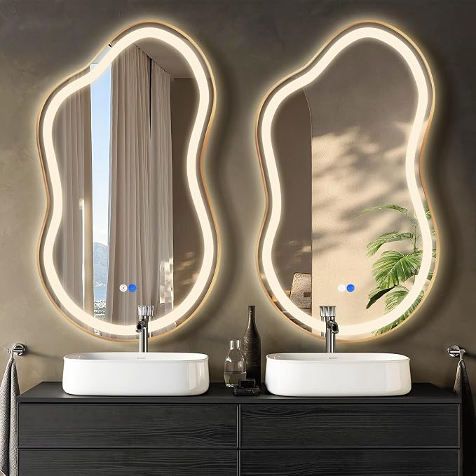 Irregular Led Backlit Bathroom Mirror -24"x36" Single Piece, Asymmetrical Cloud Lighted Vanity Mirror with Lights for Wall, Anit-Fog, Dimmable, Memory (Vertical/Horizontal) by Dorlicecass