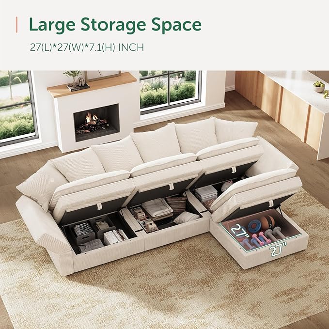 HONBAY Corduroy Ottoman, 31.5 Inch Square Ottoman Bench with Storage for Living Room, Beige