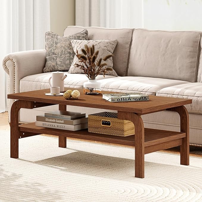 Giantex Mid Century Modern Coffee Table, 47" 2-Tier Center Table with Storage Shelf, Rectangular Vintage Cocktail Table w/Curved Legs & Large Tabletop, Wood Living Room Tables for Apartment, Walnut