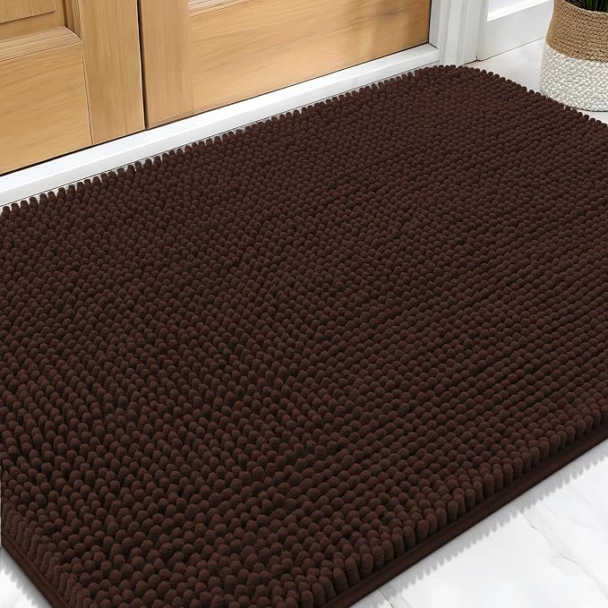 OLANLY Dog Door Mat for Muddy Paws 30x20, Absorbs Moisture and Dirt, Absorbent Non-Slip Washable Doormat, Quick Dry Chenille Mud Mat for Dogs, Entry Indoor Entryway Carpet for Inside Floor, Brown by OLANLY
