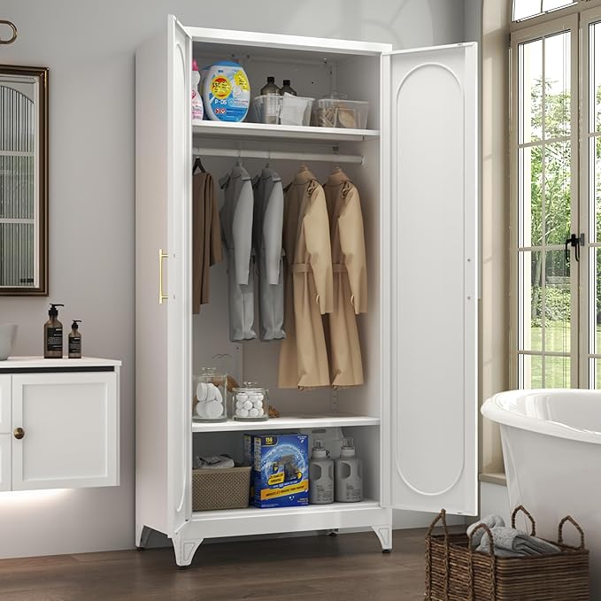 71" White Wardrobe Closet with 2 Doors, Metal Armoire Wardrobe Cabinet with Hanging Rod and Adjustable Shelves, Clothing Storage Cabinets for Bedroom, Laundry Room, Home Office
