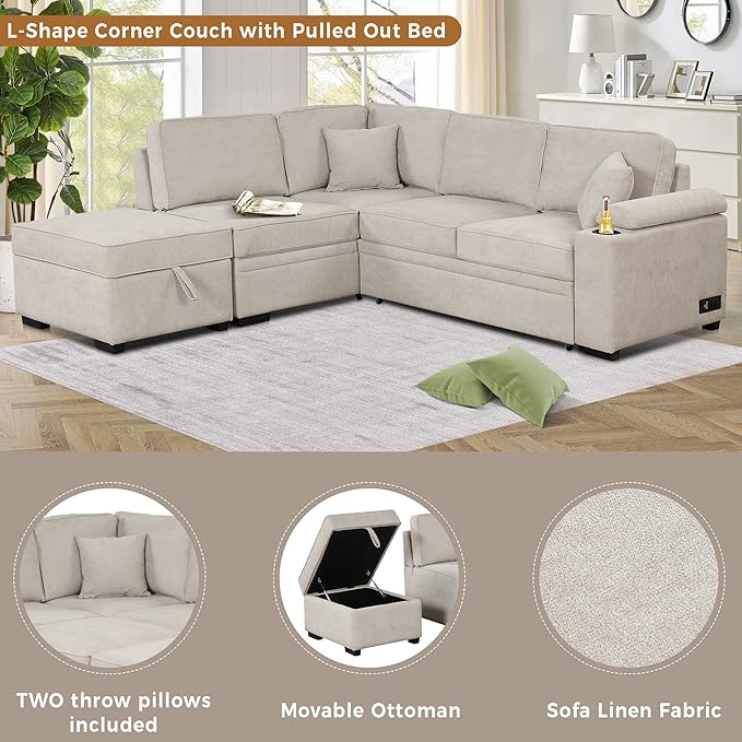 Ball & Cast 84" Convertible Sectional Sofa Bed,L-Shaped Sleeper Couch w/Storage Ottoman,Cup Holder and Charging Stations,Put Out Sofas w/Chaise,for Living Room and Small Apartment,Beige