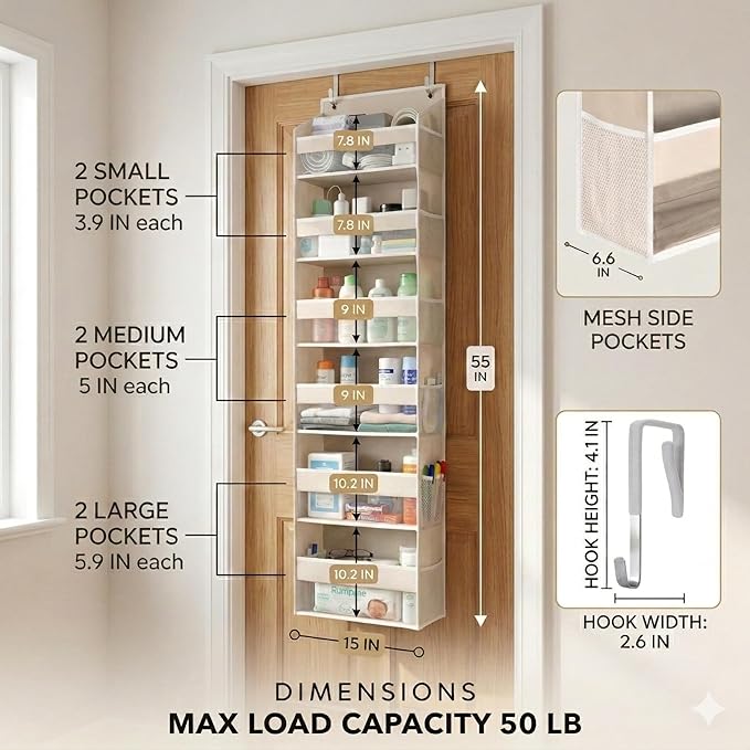 HOMELUX THEORY UPGRADED 6 Tiers Over The Door Organizer Hanging - 100D EXTRA THICK & 50lbs HUGE CAPACITY, 12 Side Mesh Pockets Over The Door Shoe Organizer, Hanging Closet Organizer (Ivory, 2pc) - Image 2
