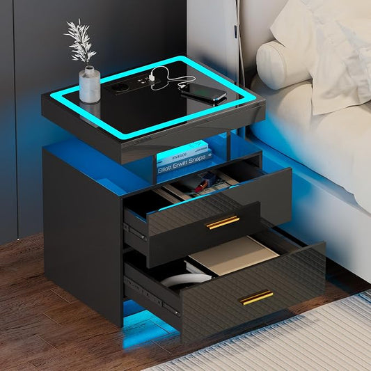 LED Nightstand with Wireless Charging Station, Smart Night Stand with 2 Drawers, Glass Top, 3 Color Dimmable Light, High-Gloss Beside Table with USB Type-C Port Bedroom Black by JDPAG