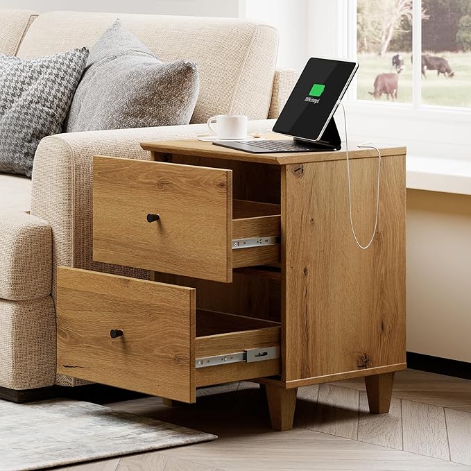 WAMPAT Dresser and Nightstand Set of 2, 47.2 Inches Wood Dresser with 6 Drawers, 1 Piece Nightstand with Drawers and Charging Station, Bedroom Furniture Set, Oak Brown