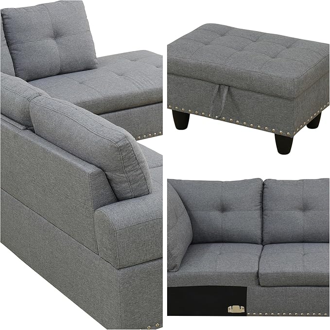 L-Shaped Sectional Sofa with Movable Chaise & Storage Ottoman, Lounge 3-Piece Modular Convertible Couches for Living Room, Apartment & Office, Dark Grey