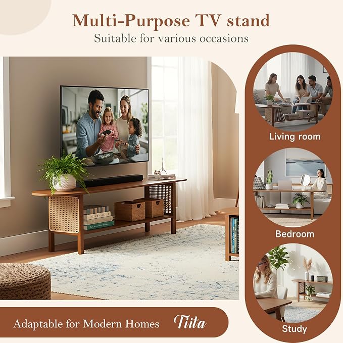 Tiita TV Stand with Storage for TVs up to 65'', Bamboo TV Console Entertainment Center with 2 Open Shelf, Mid Century Modern Media Console for Living Room, Bedroom, Walnut - Image 7