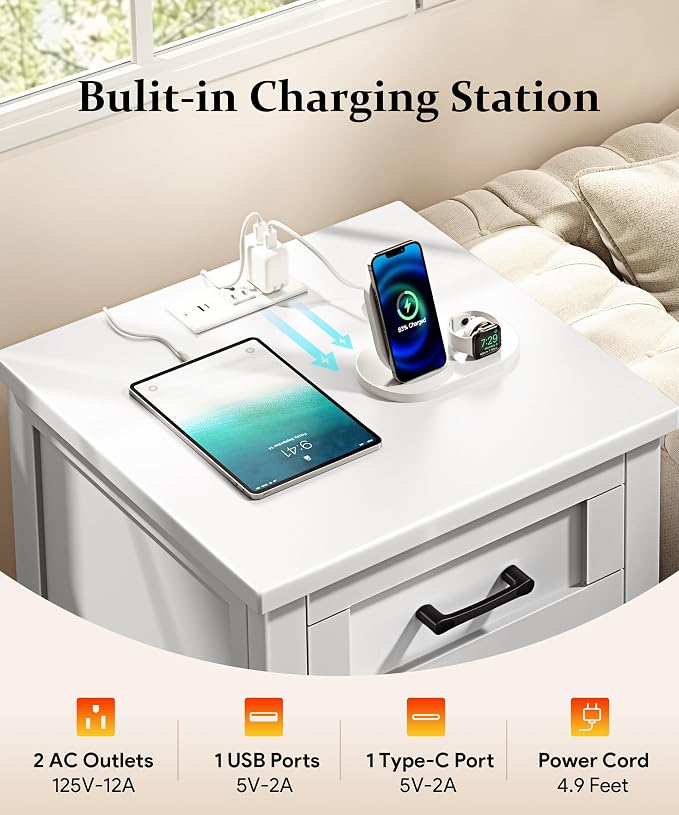 Decofy Farmhouse Nightstand with Charging Station & Large Storage, Set of 2 Modern End Tables with Outlets, USB Ports and Type-C Ports, Easy Assembly for Bedroom (Pure White) - Image 6