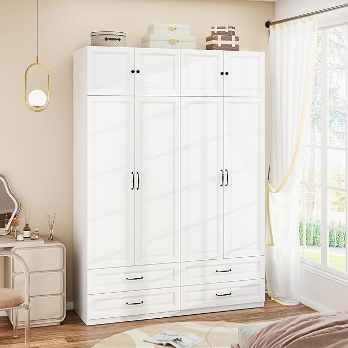 Armoire Wardrobe Closet with Drawers: 63" Large White Wood Wardrobe Closet with 4 Doors and 4 Drawers, Modern Clothes Storage Cabinet for Bedroom Armoire with Shelves (63")