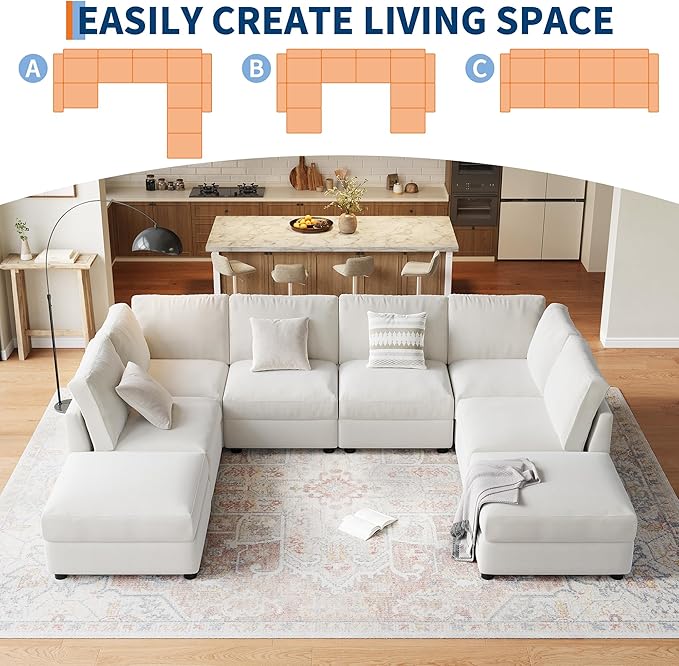 GarveeHome 138" Modular Sectional Sofa, 8 Seater Sectional Couch, U Shaped Sofa with Ottoman, Oversized Convertible Modular Couch for Living Room Apartment Office, Chenille Beige