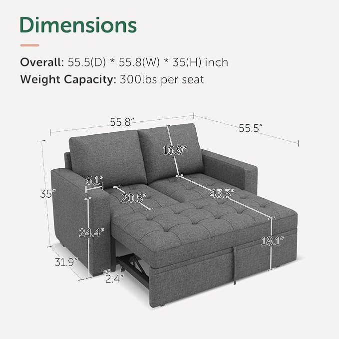 HONBAY Modular Sleeper Sofa with Pull Out Bed Sleeper Loveseat Convertible Sectional Couches for Living Room,Mid Grey