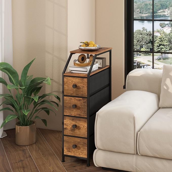 Tohomeor Narrow Dresser Tall Skinny Storage Tower Vertical Slim Chest of Drawers with Charging Station Small Nightstand Side Table for Bedroom, Bathroom, Small Spaces (Rustic Brown, 4 Drawers) - Image 6
