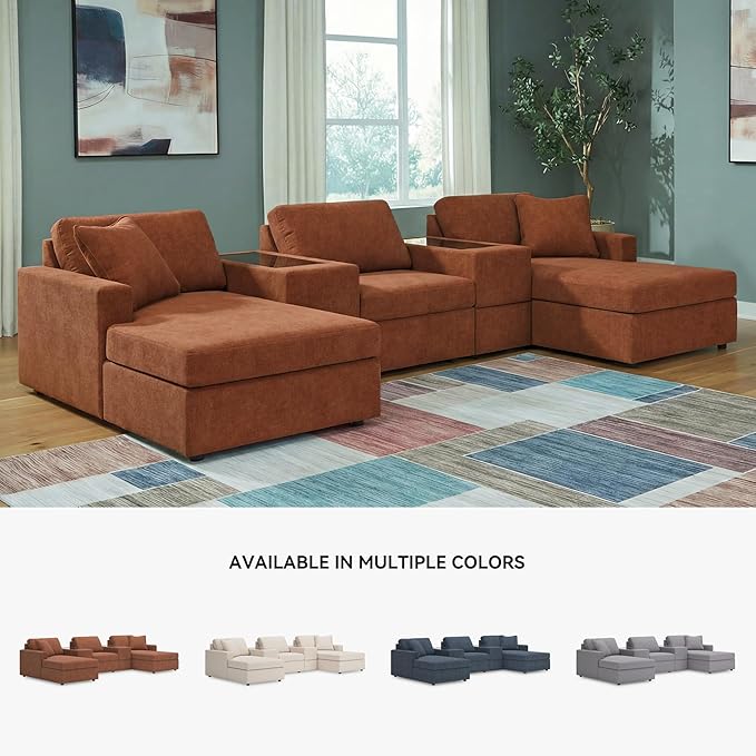 Signature Design by Ashley Contemporary Modmax Stain Resistant U-Shape Symmetrical 5-Piece Pit Sectional with Storage Consoles and Reversible Cushion, Orange