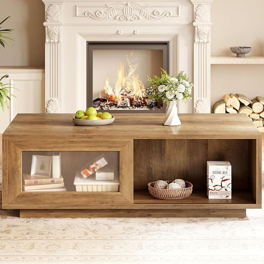 HSH Rustic Coffee Table with Storage, Low Coffee Table for Living Room, Long Rectangle Wood Coffee Tables,Farmhouse Large Center Tables with Sliding Door, Rustic Oak, 47 Inch