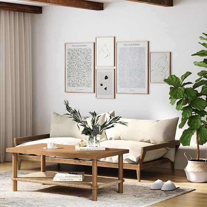 Nathan James Beacon Bohemian Coffee Table with Storage, 2-Tier Rectangle Coffee Table with Solid Wood Legs and Seagrass Shelf, Light Brown