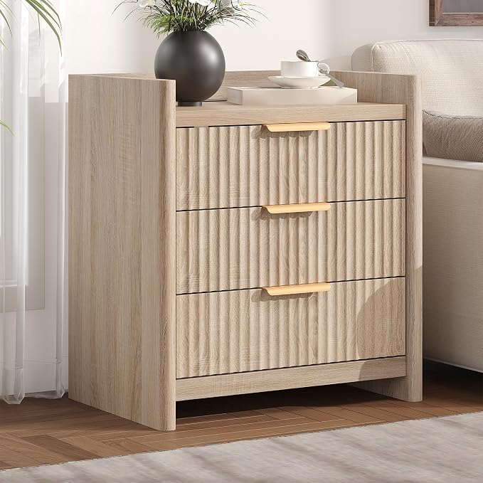 25.9" Fluted Nightstand with Charging Station, Large Bedside Table with 3 Storage Drawers and Metal Handle, Modern End Table for Bedroom, Home Office(Natural Oak) by Decofy