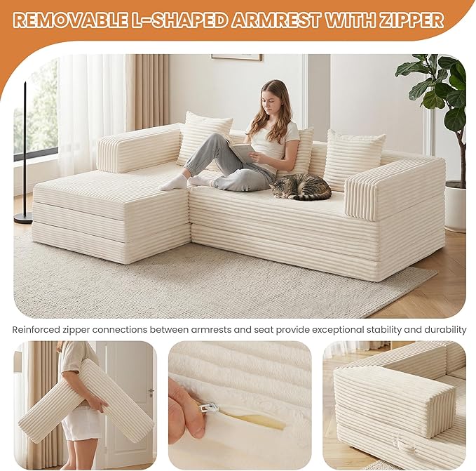 Modular Sectional Sofa, Boneless Convertible Oversized Sleeper Sofa Bed, Modern Tri-Folding Cloud Couch with L-Shape Chaise, Corduroy Futon Couches for Living Room Small Spaces Apartment,No Assembly