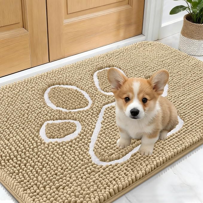 OLANLY Dog Door Mat for Muddy Paws 24x16, Paw Print Design, Absorbs Moisture and Dirt, Absorbent Non-Slip Washable Doormat, Quick Dry Chenille Mud Mat for Dogs, Entry Indoor Entryway Carpet, Beige by OLANLY