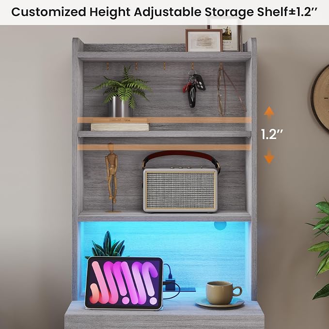 VIAGDO Tall Nightstand with Charging Station and LED Lights, Large Grey Night Stand with Bookshelf, Modern LED Bedside Table with 3 Drawers and Storage Shelves, End Side Table for Bedrooms, Dorms - Image 6