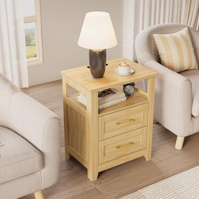 Decofy Farmhouse Nightstand with Charging Station, Modern End Tables with 2 Drawers & Open Shelf, Outlets, USB Ports and Type-C Ports, Wood Rustic Nightstands for Bedroom (2 Pack, Oak) - Image 5