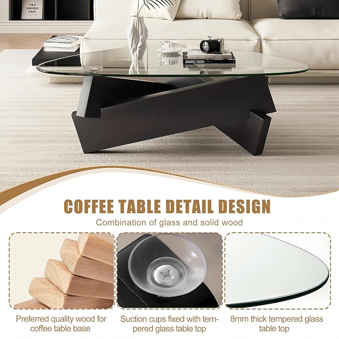 Modern Mid Century Triangle Glass Coffee Table Black Center Table with Tempered Glass Top Unique Natural Wood Tea Table for Living Room 35.5'' x 27.5'' x 15.7'' for Small Spaces, Rustic