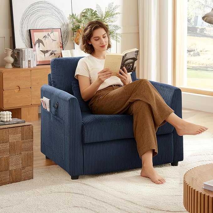 3 Pieces Corduroy Living Room Sofa Sets, Navy Blue Couch with Set of 2 Reading Armchairs, Comfy Pillows and Storage Pockets, Modern Living Room Furniture Sets for Apartment, Small Spaces