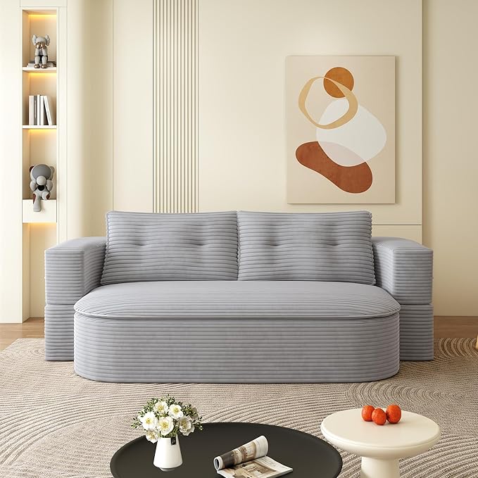 78.7" Convertible Sofa Bed, 2-in-1 Folding Floor Couch with 2 Pillows and Blanket, Plush Corduroy Fabric Sleeper Sofa for Living Room and Bedroom, No Assembly Required (Light Grey)