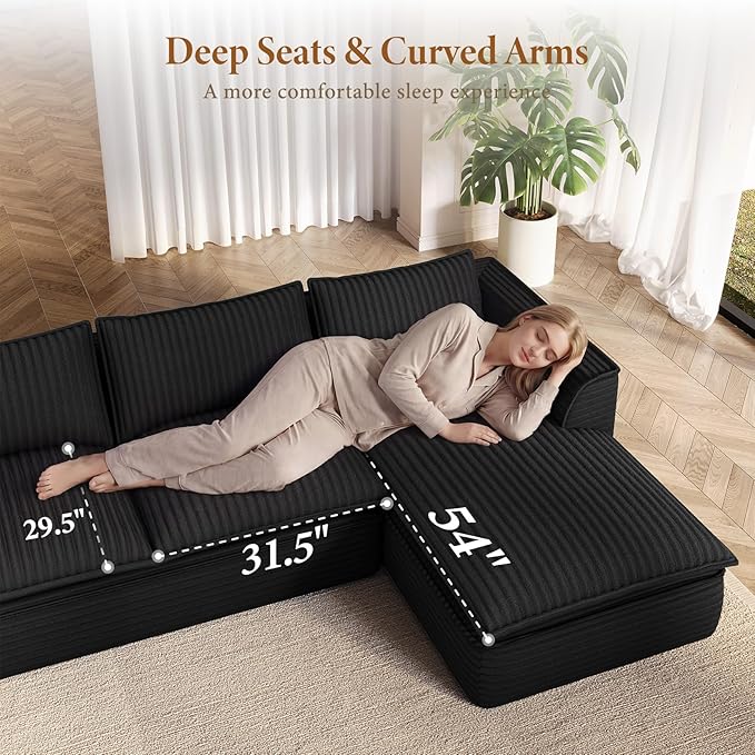 Vesgantti 141.7" U Shaped Sectional Boneless Couch, Modern 6 Seater Modular Sofa with Chaise & Ottoman, Deep Seat Plush Corduroy Cloud Couches for Living Room, No Assembly Required, Black